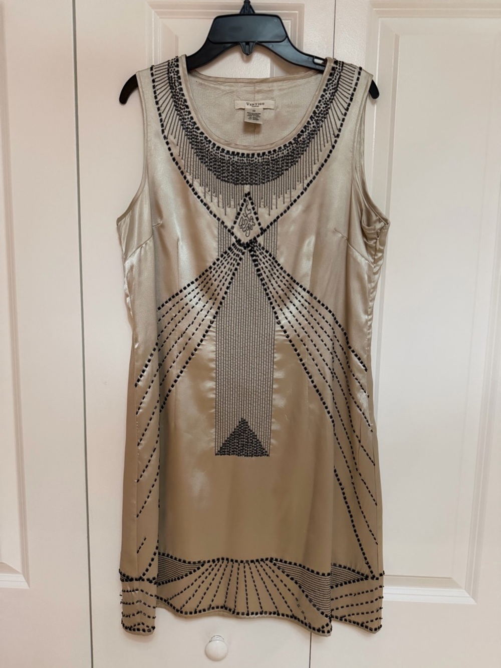 Vertigo Paris Beaded Satin Dress – Champagne Gold & Black, Sleeveless, Size M